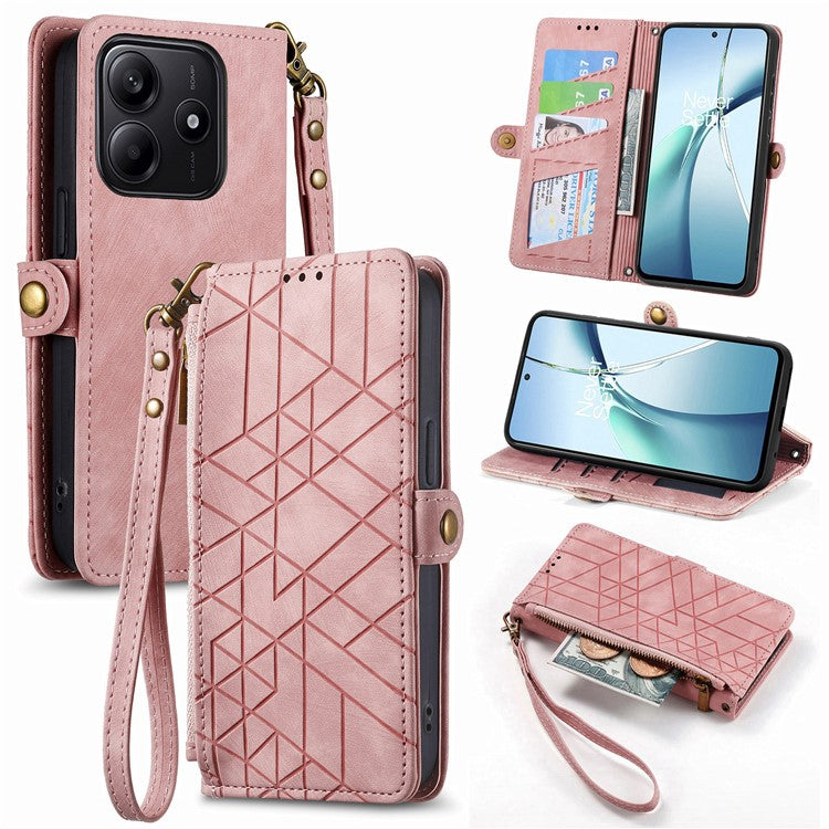 For Xiaomi Redmi Note 14 5G Case Zipper Wallet Geometry Lines Leather Phone Cover - Pink