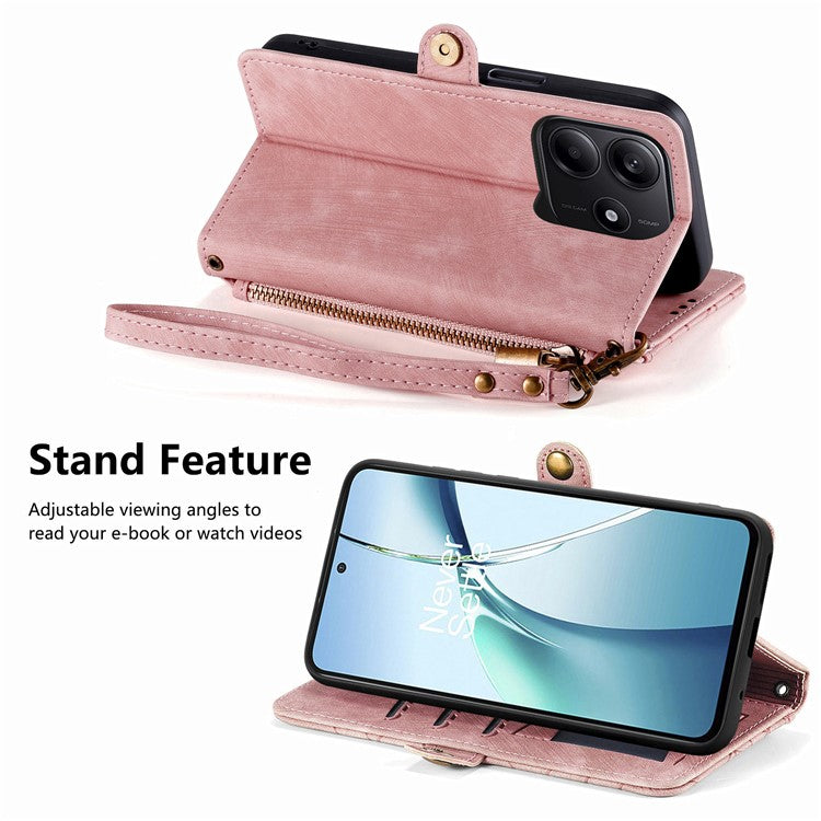 For Xiaomi Redmi Note 14 5G Case Zipper Wallet Geometry Lines Leather Phone Cover - Pink