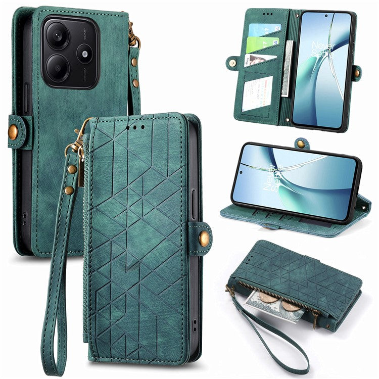 For Xiaomi Redmi Note 14 5G Case Zipper Wallet Geometry Lines Leather Phone Cover - Green