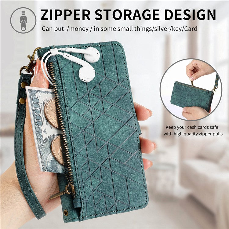 For Xiaomi Redmi Note 14 5G Case Zipper Wallet Geometry Lines Leather Phone Cover - Green