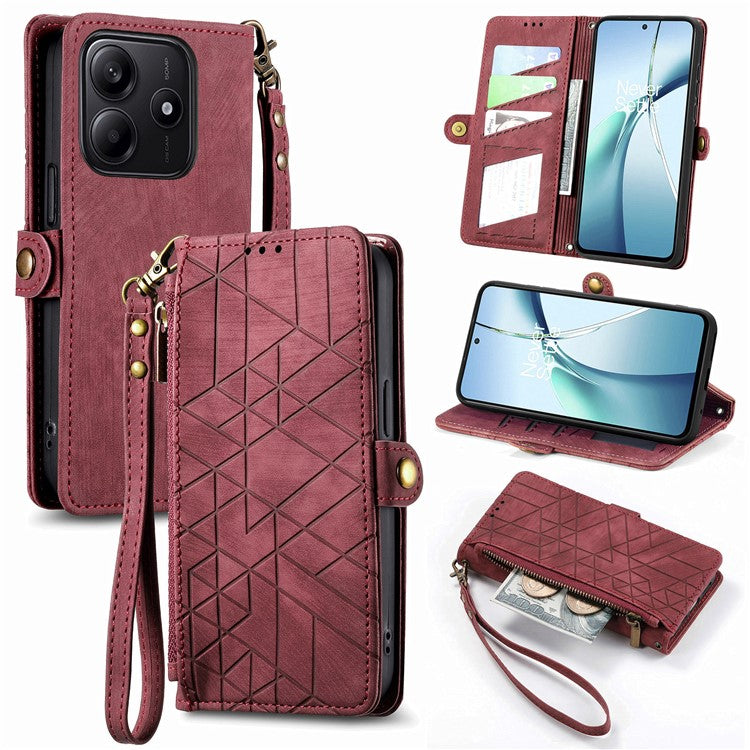 For Xiaomi Redmi Note 14 5G Case Zipper Wallet Geometry Lines Leather Phone Cover - Red