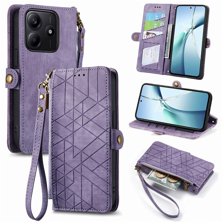 For Xiaomi Redmi Note 14 5G Case Zipper Wallet Geometry Lines Leather Phone Cover - Light Purple