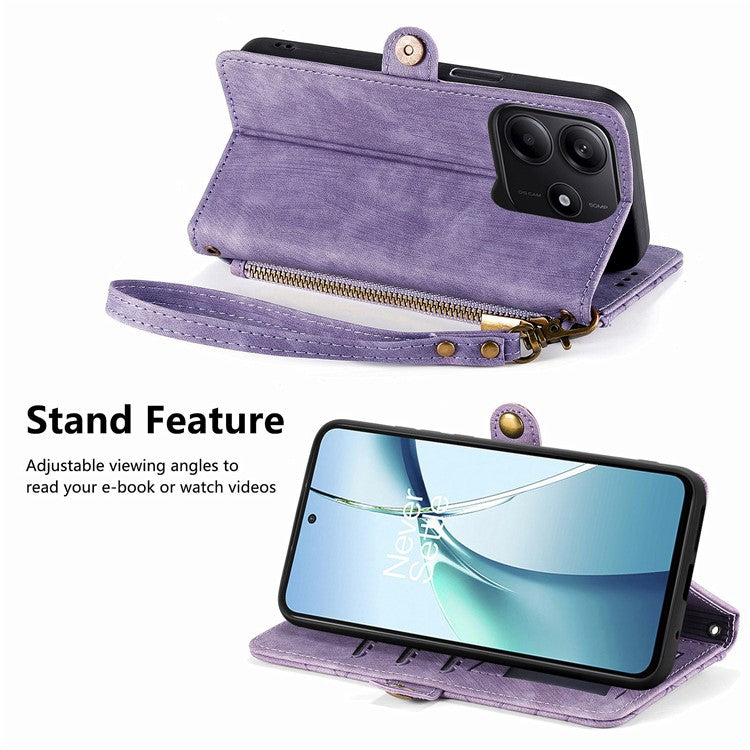 For Xiaomi Redmi Note 14 5G Case Zipper Wallet Geometry Lines Leather Phone Cover - Light Purple