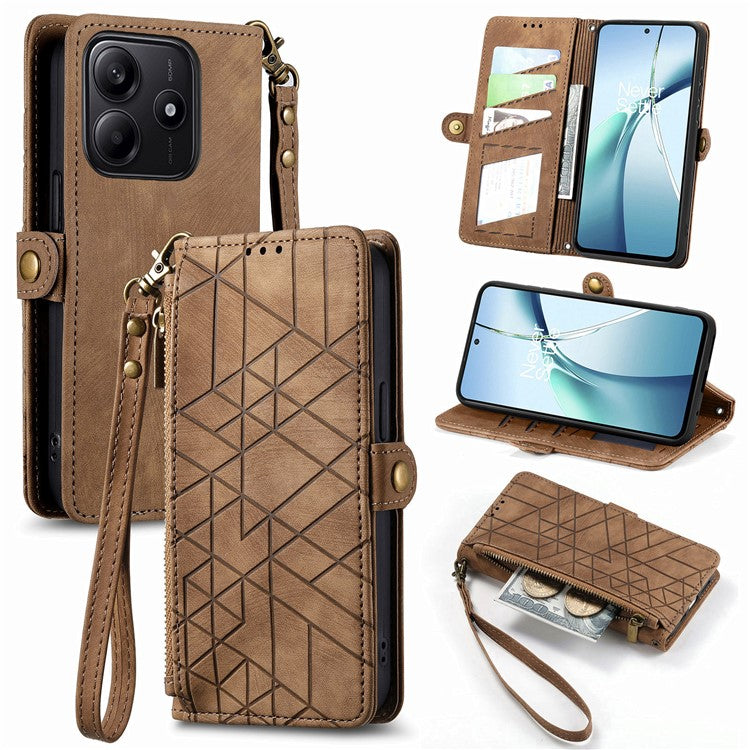 For Xiaomi Redmi Note 14 5G Case Zipper Wallet Geometry Lines Leather Phone Cover - Brown