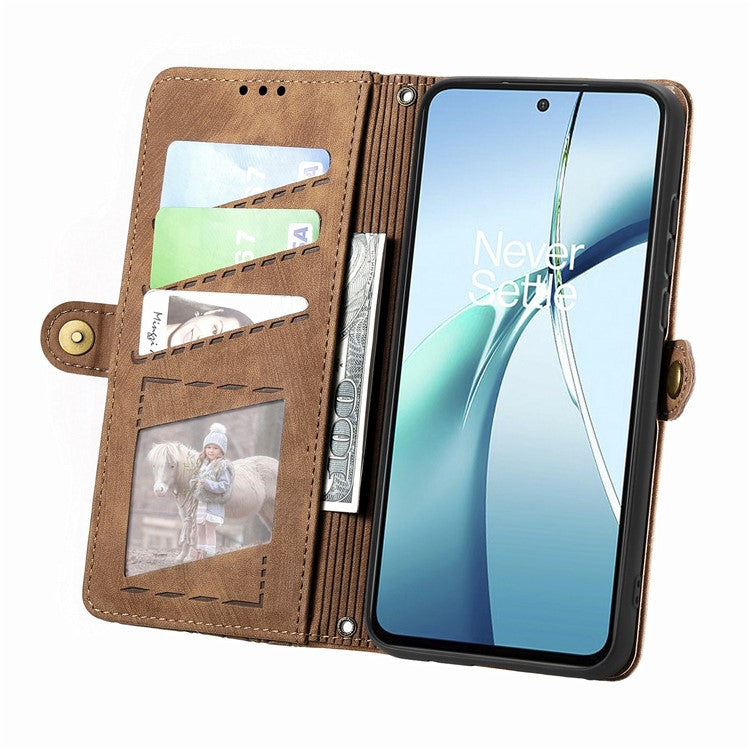 For Xiaomi Redmi Note 14 5G Case Zipper Wallet Geometry Lines Leather Phone Cover - Brown