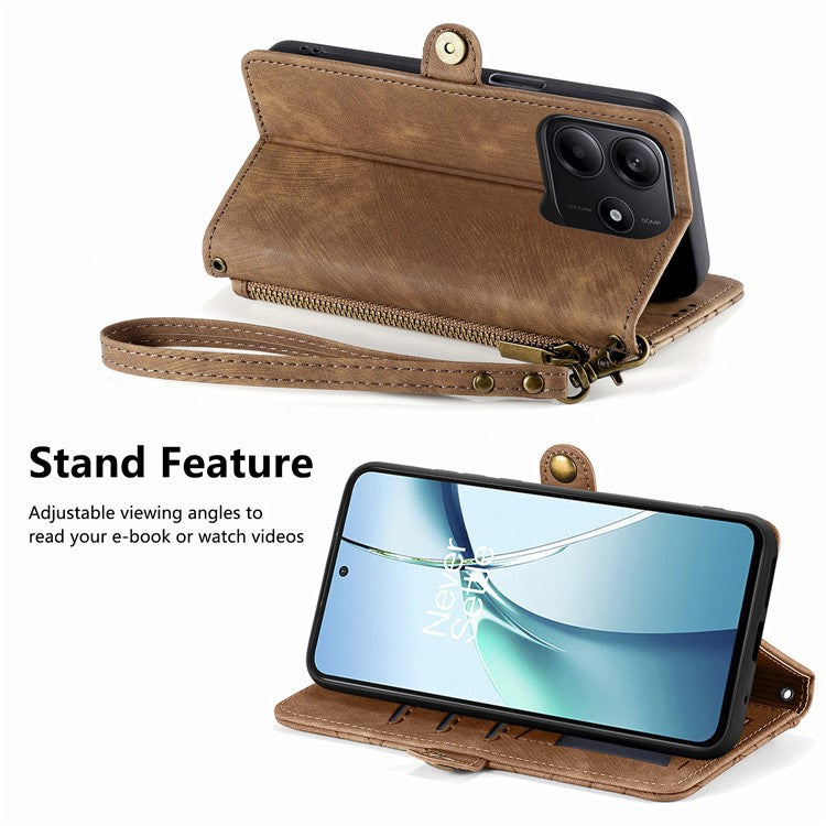 For Xiaomi Redmi Note 14 5G Case Zipper Wallet Geometry Lines Leather Phone Cover - Brown