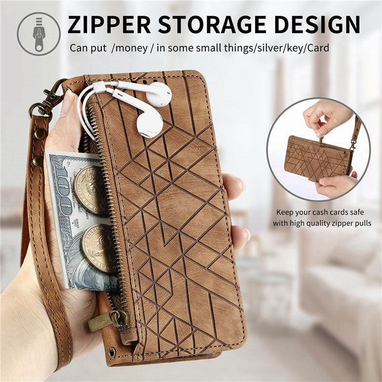 For Xiaomi Redmi Note 14 5G Case Zipper Wallet Geometry Lines Leather Phone Cover - Brown