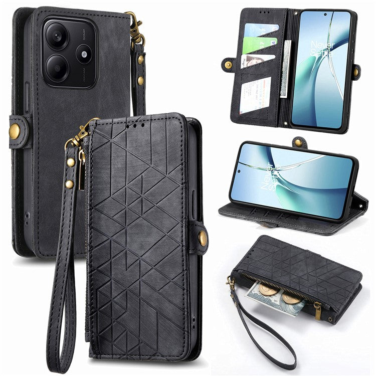 For Xiaomi Redmi Note 14 5G Case Zipper Wallet Geometry Lines Leather Phone Cover - Black