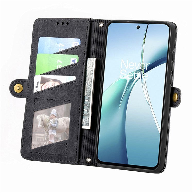 For Xiaomi Redmi Note 14 5G Case Zipper Wallet Geometry Lines Leather Phone Cover - Black