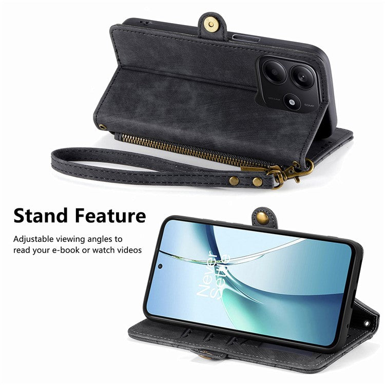 For Xiaomi Redmi Note 14 5G Case Zipper Wallet Geometry Lines Leather Phone Cover - Black