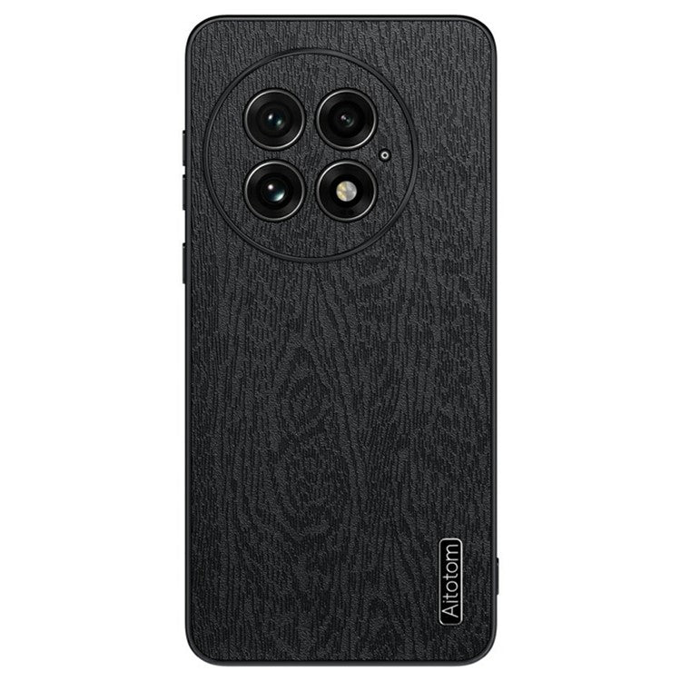 For OnePlus 13 Case Wood Texture PU Leather Coated PC+TPU Phone Cover - Black