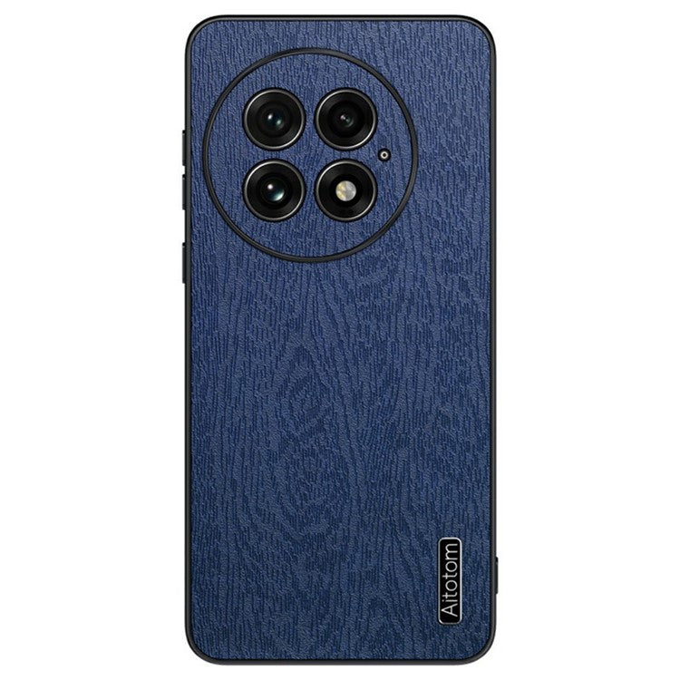 For OnePlus 13 Case Wood Texture PU Leather Coated PC+TPU Phone Cover - Blue