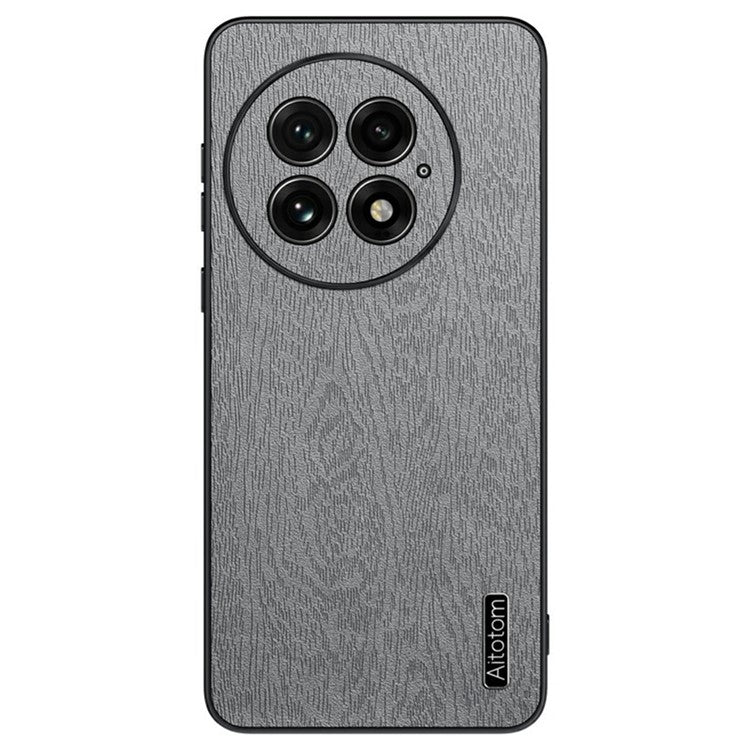 For OnePlus 13 Case Wood Texture PU Leather Coated PC+TPU Phone Cover - Grey