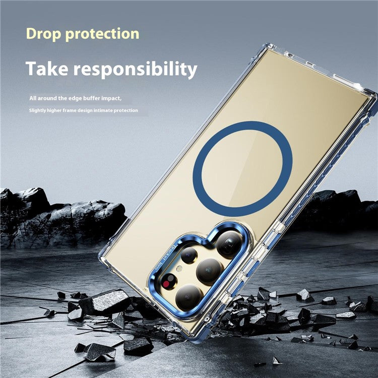 For Samsung Galaxy S25 Ultra Phone Case with Lens Kickstand Clear Cover Compatible with MagSafe - Blue