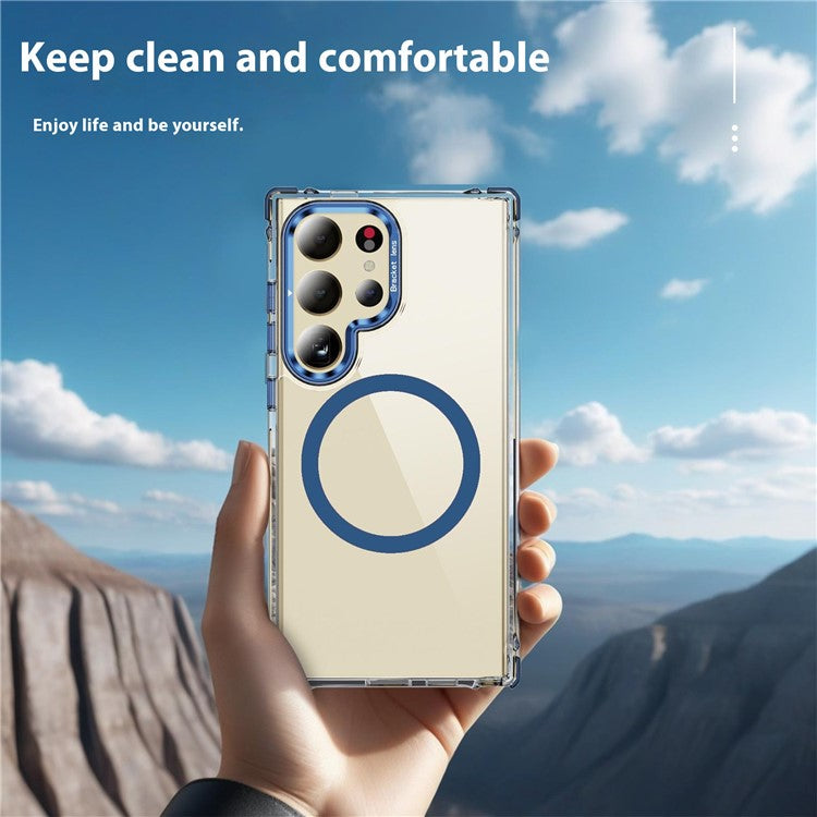 For Samsung Galaxy S25 Ultra Phone Case with Lens Kickstand Clear Cover Compatible with MagSafe - Blue