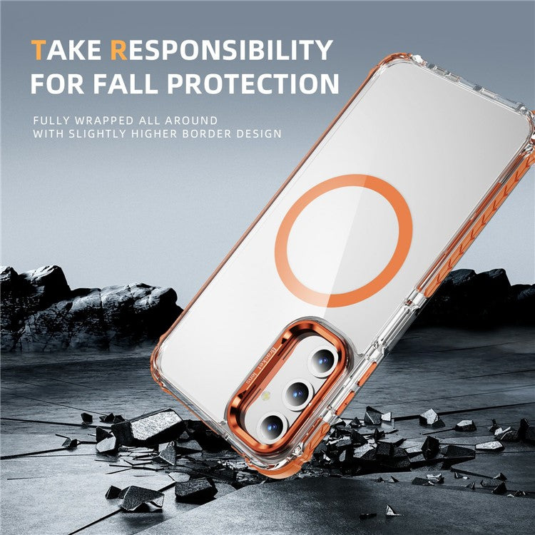 For Samsung Galaxy S25 Clear Phone Case with Lens Kickstand Cover Compatible with MagSafe - Orange