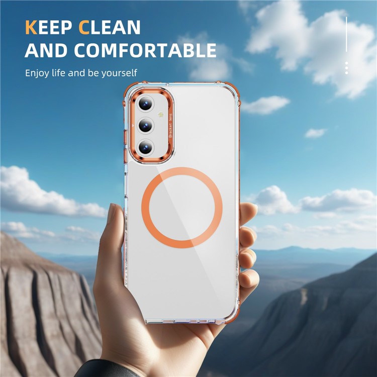 For Samsung Galaxy S25 Clear Phone Case with Lens Kickstand Cover Compatible with MagSafe - Orange