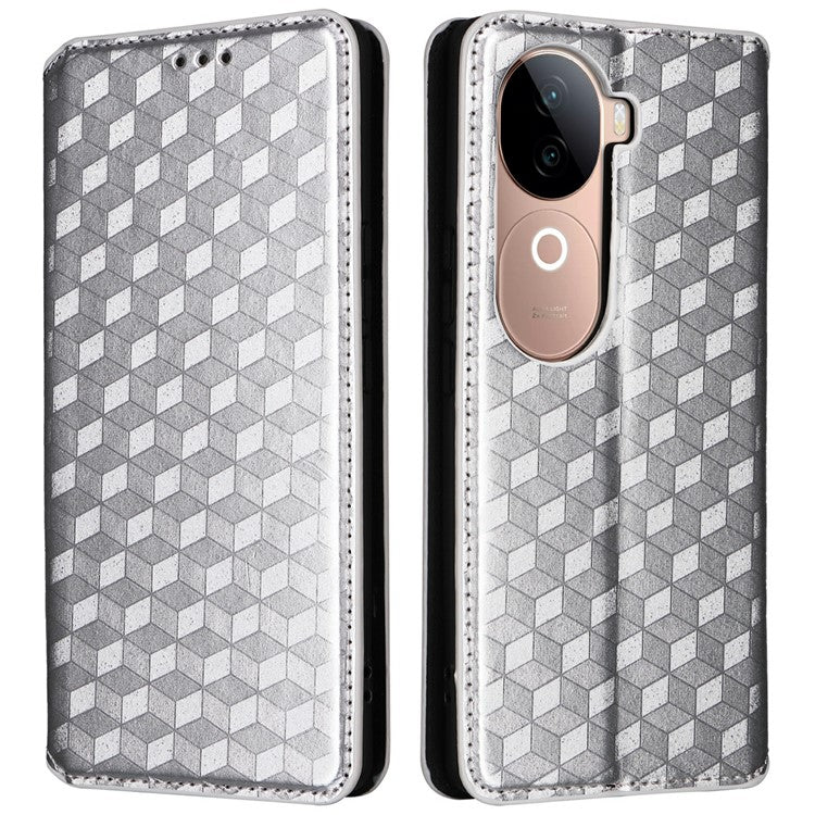 For vivo V40e 5G / iQOO Z9s 5G Wallet Case Rhombus Imprinted Leather Phone Cover - Silver