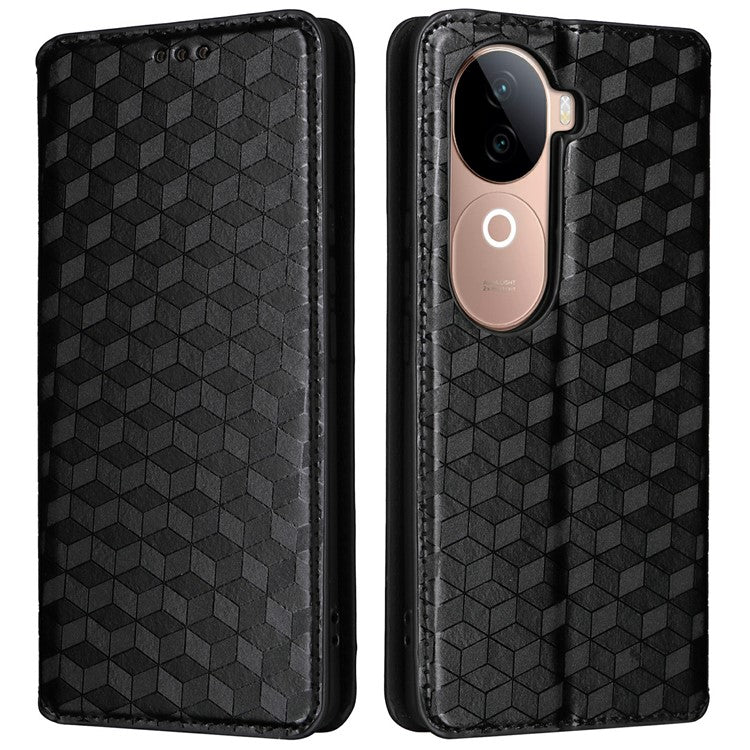 For vivo V40e 5G / iQOO Z9s 5G Wallet Case Rhombus Imprinted Leather Phone Cover - Black