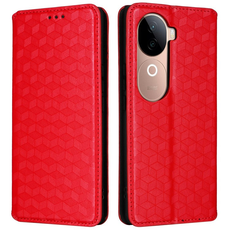 For vivo V40e 5G / iQOO Z9s 5G Wallet Case Rhombus Imprinted Leather Phone Cover - Red