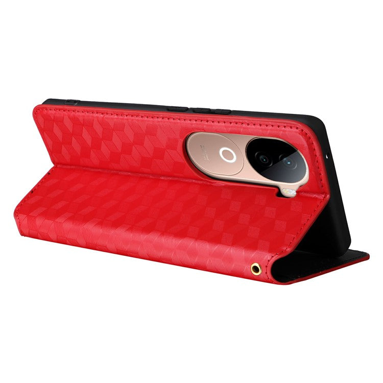 For vivo V40e 5G / iQOO Z9s 5G Wallet Case Rhombus Imprinted Leather Phone Cover - Red