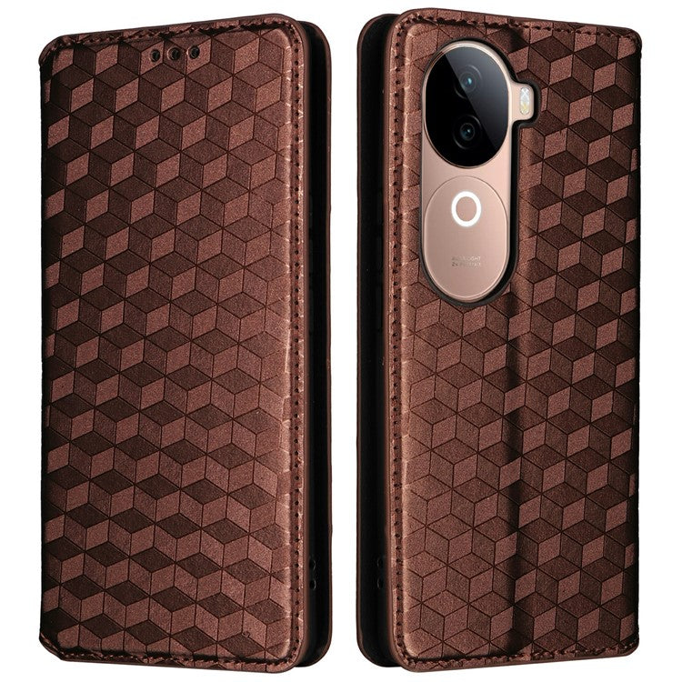 For vivo V40e 5G / iQOO Z9s 5G Wallet Case Rhombus Imprinted Leather Phone Cover - Brown