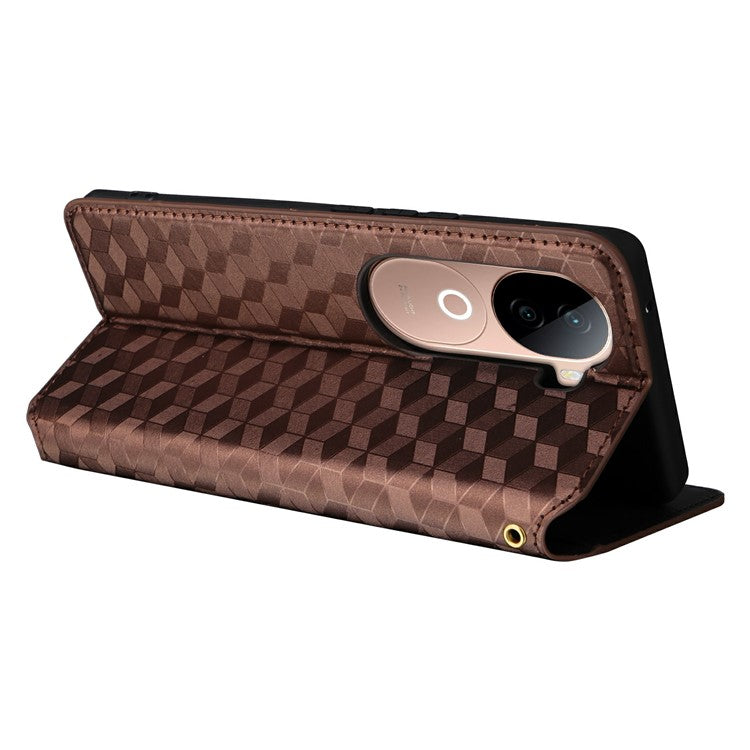 For vivo V40e 5G / iQOO Z9s 5G Wallet Case Rhombus Imprinted Leather Phone Cover - Brown