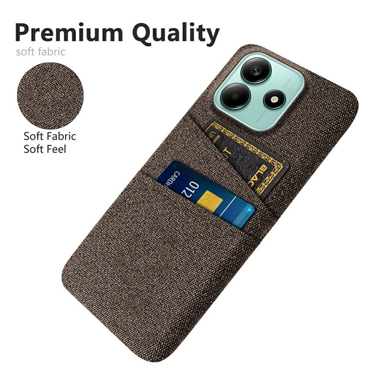 For Xiaomi Redmi Note 14 5G Case Cloth + Hard PC Phone Cover with Dual Card Slots - Brown