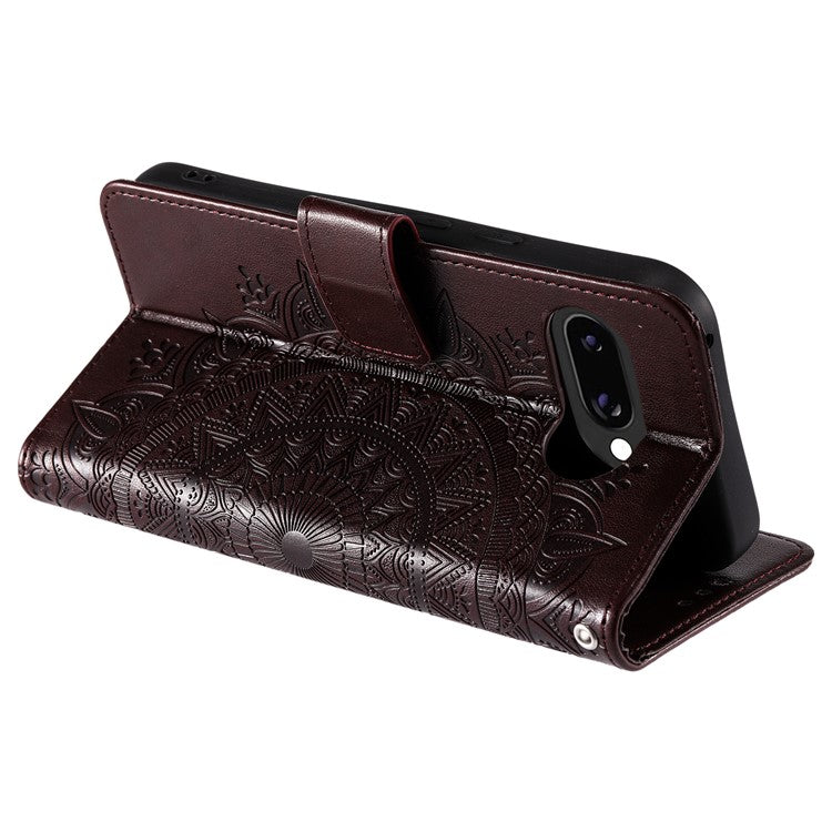 For Google Pixel 9a Case Imprinted Totem PU Leather Wallet Stand Phone Cover - Brown