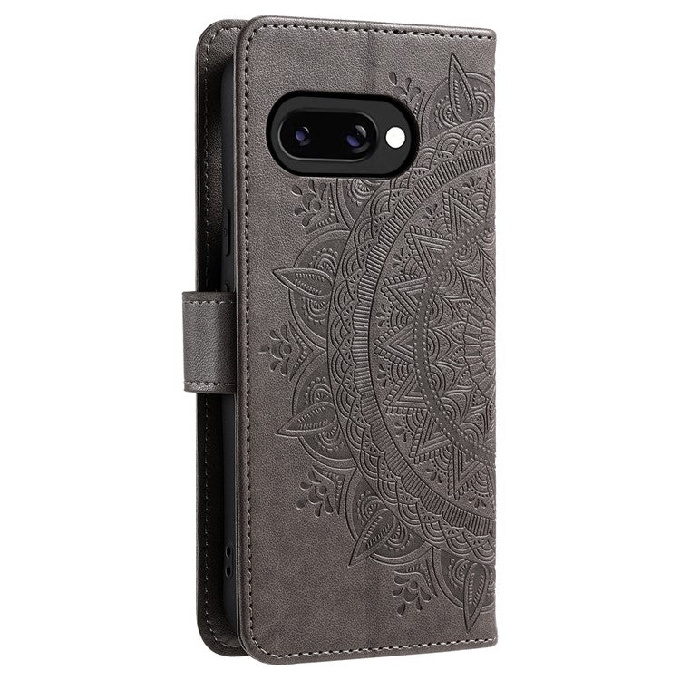 For Google Pixel 9a Case Imprinted Totem PU Leather Wallet Stand Phone Cover - Grey