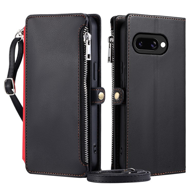 015 Style For Google Pixel 9a Case TPU+PU Leather Wallet Phone Cover with Straps - Black