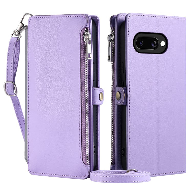 015 Style For Google Pixel 9a Case TPU+PU Leather Wallet Phone Cover with Straps - Purple