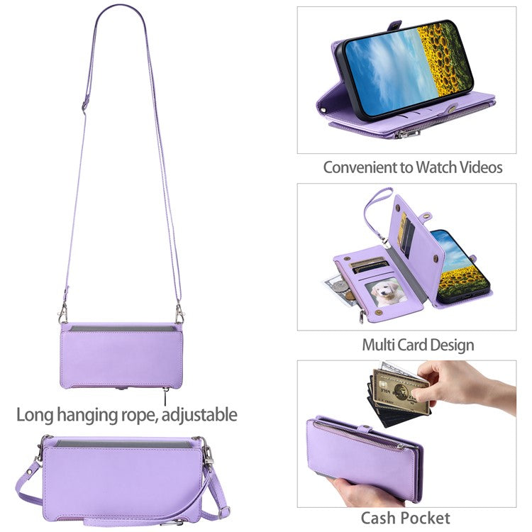 015 Style For Google Pixel 9a Case TPU+PU Leather Wallet Phone Cover with Straps - Purple