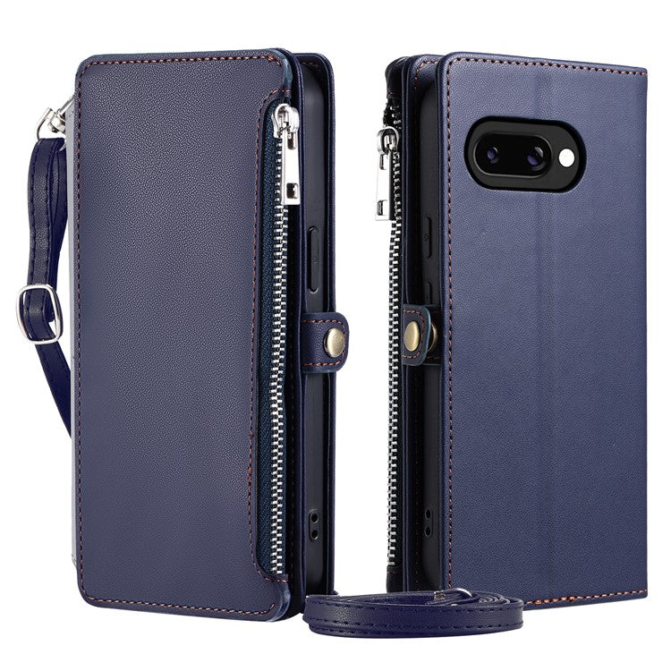 015 Style For Google Pixel 9a Case TPU+PU Leather Wallet Phone Cover with Straps - Blue