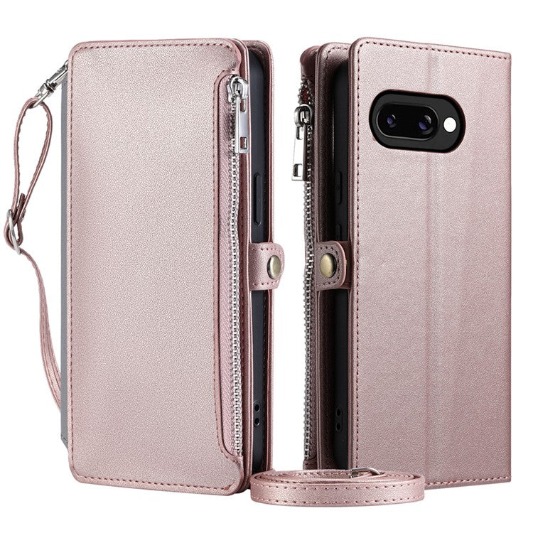 015 Style For Google Pixel 9a Case TPU+PU Leather Wallet Phone Cover with Straps - Rose Gold