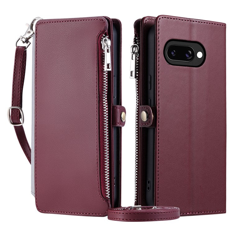 015 Style For Google Pixel 9a Case TPU+PU Leather Wallet Phone Cover with Straps - Wine Red