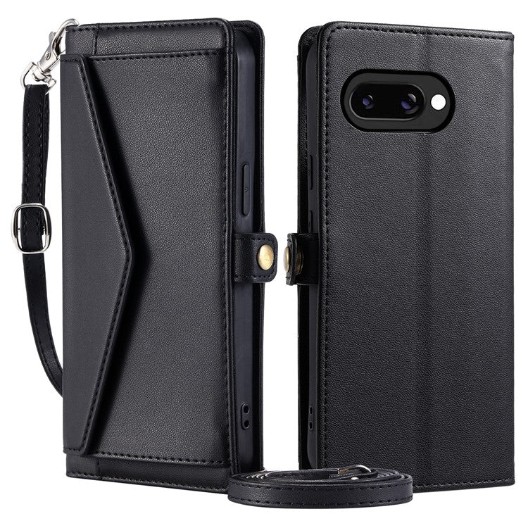 For Google Pixel 9a Leather Case Wallet Stand Phone Cover with Straps - Black