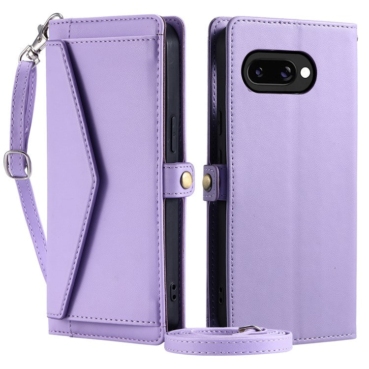 For Google Pixel 9a Leather Case Wallet Stand Phone Cover with Straps - Purple