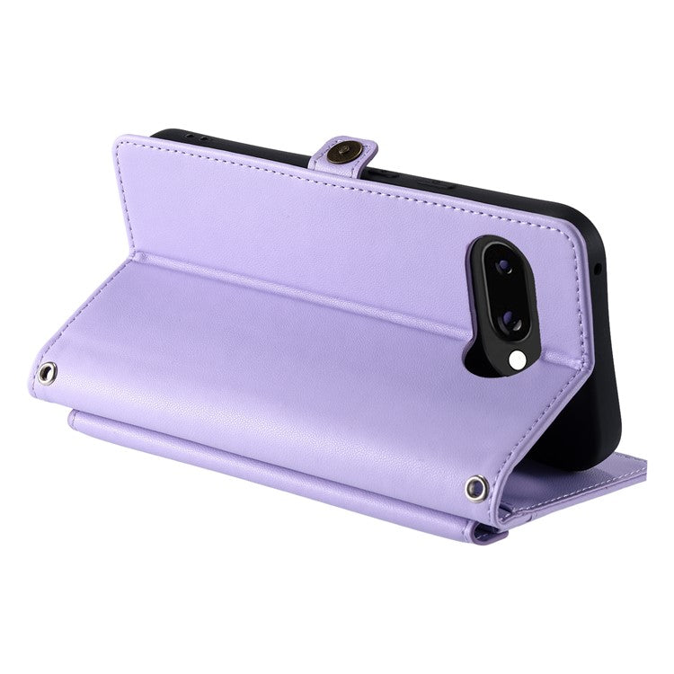 For Google Pixel 9a Leather Case Wallet Stand Phone Cover with Straps - Purple