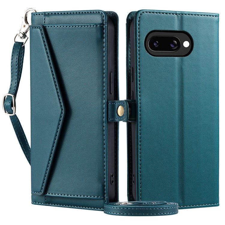 For Google Pixel 9a Leather Case Wallet Stand Phone Cover with Straps - Blackish Green