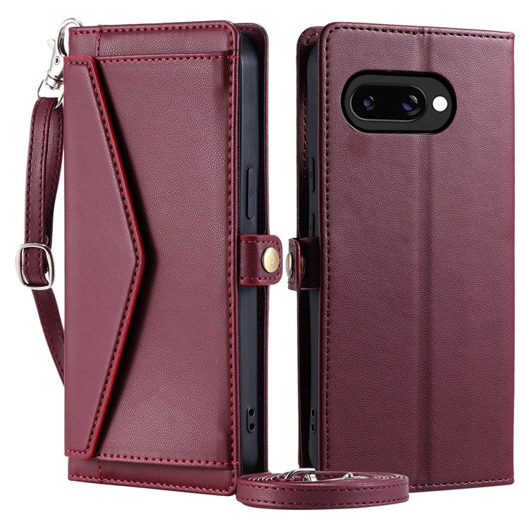 For Google Pixel 9a Leather Case Wallet Stand Phone Cover with Straps - Wine Red