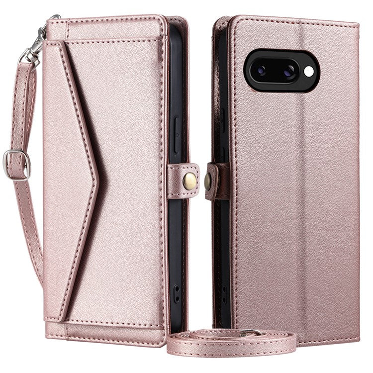 For Google Pixel 9a Leather Case Wallet Stand Phone Cover with Straps - Rose Gold