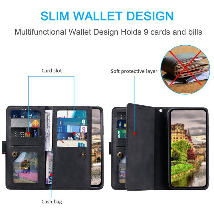 For Google Pixel 9a Case PU Leather Phone Cover with Zipper Wallet 9 Card Slots - Black