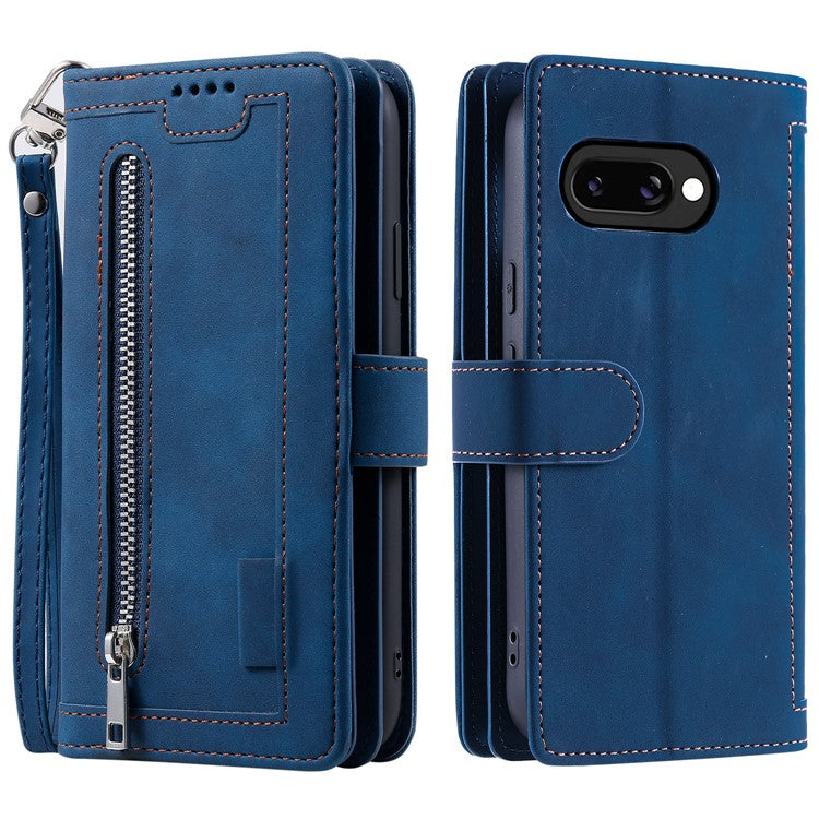 For Google Pixel 9a Case PU Leather Phone Cover with Zipper Wallet 9 Card Slots - Blue