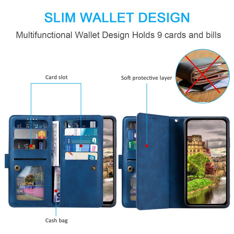 For Google Pixel 9a Case PU Leather Phone Cover with Zipper Wallet 9 Card Slots - Blue