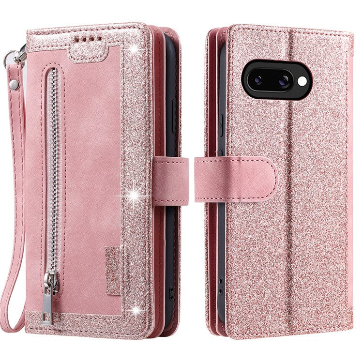 For Google Pixel 9a Case PU Leather Phone Cover with Zipper Wallet 9 Card Slots - Rose Gold