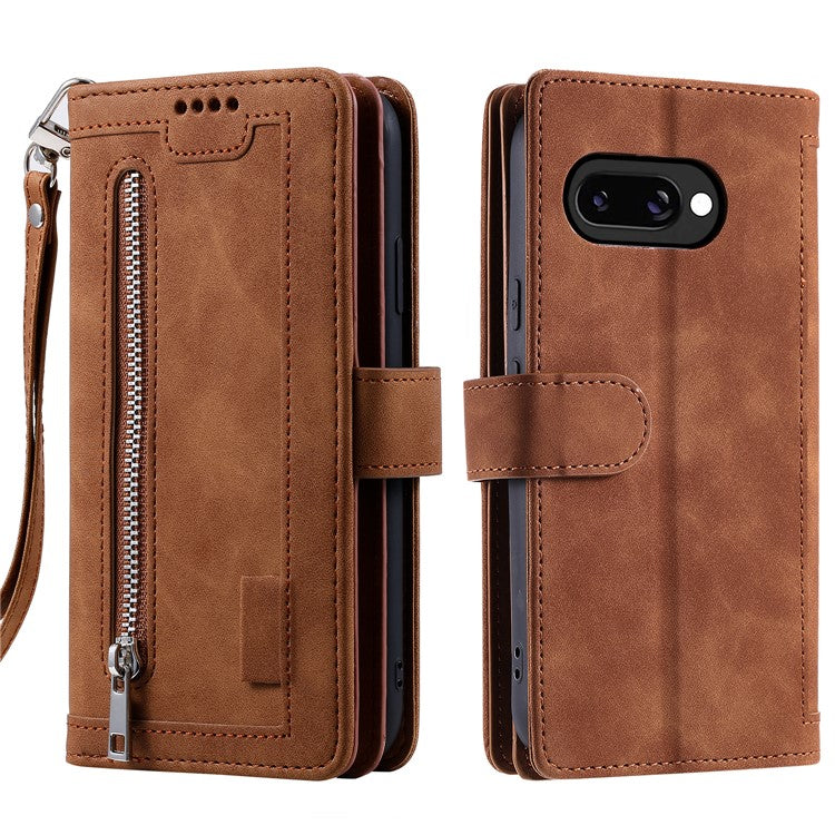 For Google Pixel 9a Case PU Leather Phone Cover with Zipper Wallet 9 Card Slots - Brown