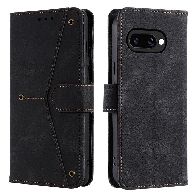 For Google Pixel 9a Leather Case Splicing Stitching Wallet Stand Phone Cover with Strap - Black