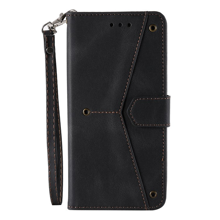 For Google Pixel 9a Leather Case Splicing Stitching Wallet Stand Phone Cover with Strap - Black