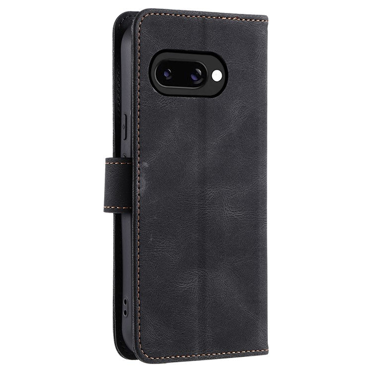 For Google Pixel 9a Leather Case Splicing Stitching Wallet Stand Phone Cover with Strap - Black